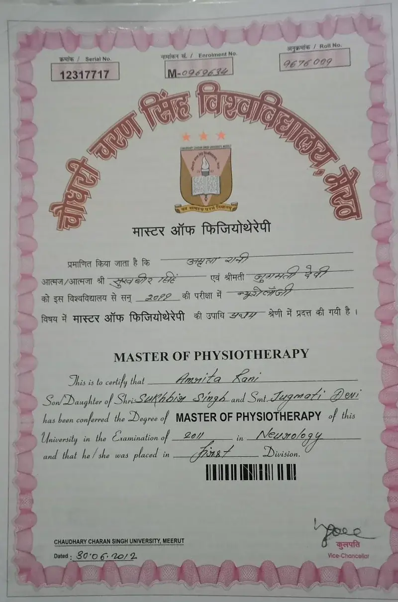 Dr. Amrita Rani qualification certificate